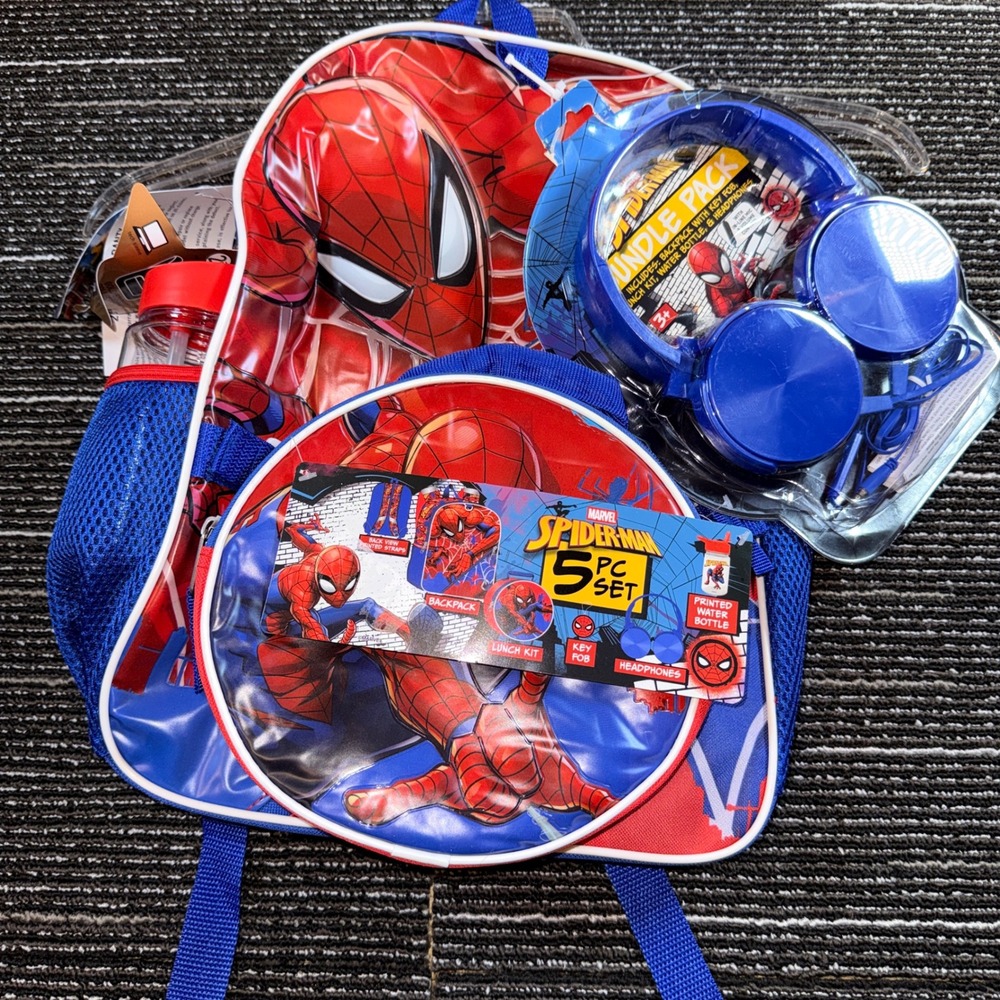 Marvel Spider-Man Backpack 5pc Set Kids NEW Backpack Lunch Headphones Bottle